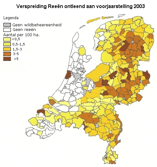 Kaart: Verspreiding reeën uit voorjaarstelling wildbeheereenheden 2003